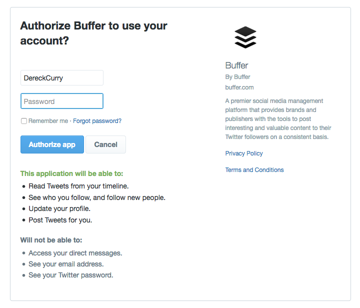 Buffer screenshot: Authorize Buffer to use your account.