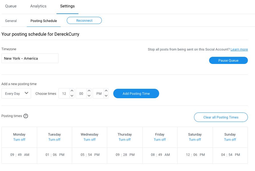 Buffer screenshot: Posting schedule with one post per day.