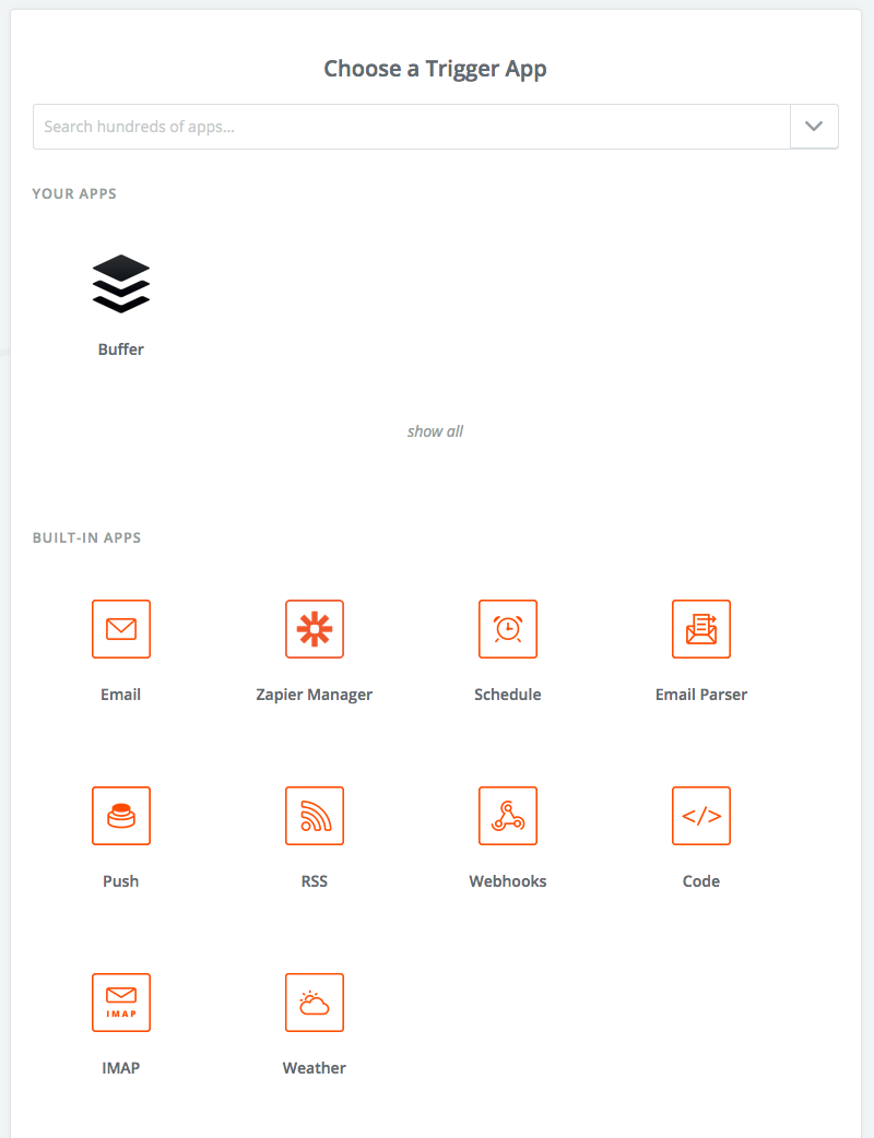 Zapier screenshot: Choose a trigger app.