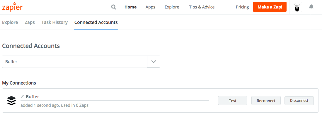 Zapier screenshot: Connected accounts showing Buffer now connected.