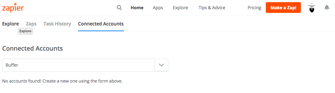 Zapier screenshot: Connected accounts dropdown with Buffer selected.