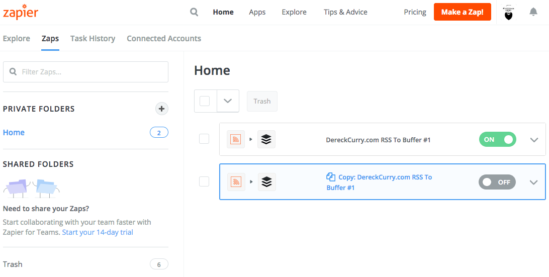 Zapier screenshot: Zapier dashboard showing duplicated Zap.