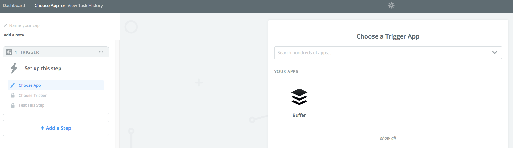 Zapier screenshot: Empty new Zap.