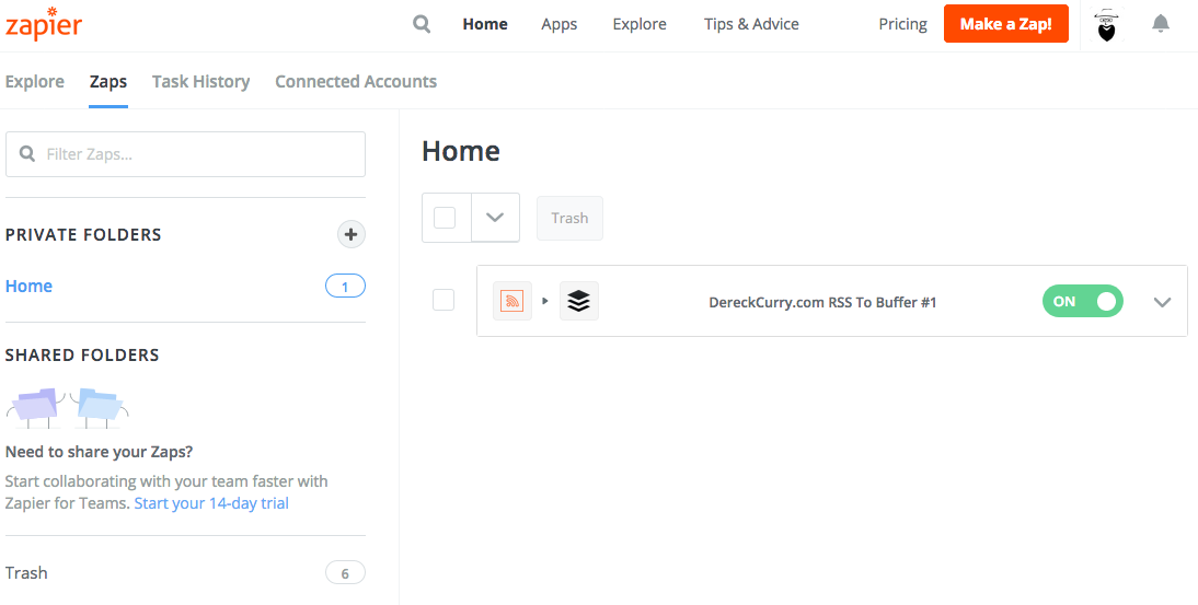 Zapier screenshot: Zapier dashboard showing new Zap.