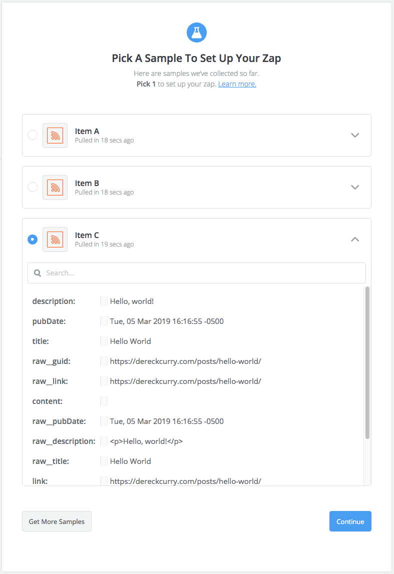 Zapier screenshot: Pick a sample to set up your Zap with Item C selected.
