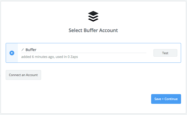 Zapier screenshot: Select Buffer Account.