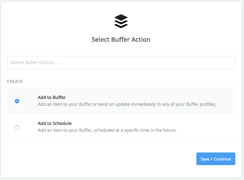 Zapier screenshot: Select Buffer Action with Add to Buffer selected.