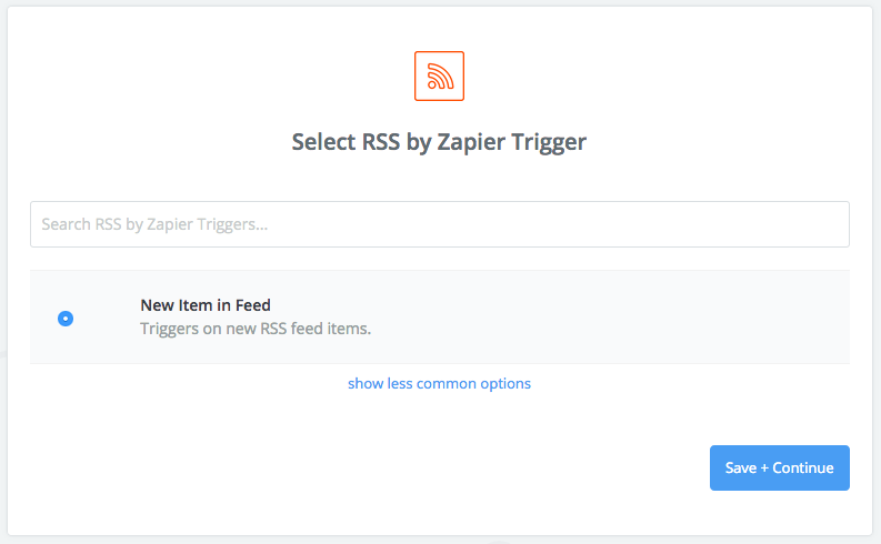 Zapier screenshot: Select RSS by Zapier trigger.