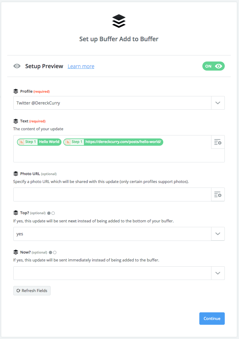 Zapier screenshot: Set up Buffer Add to Buffer configured form.