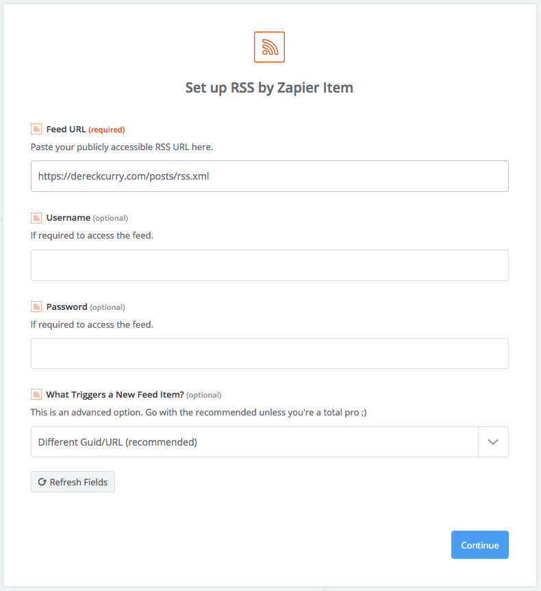 Zapier screenshot: Set up RSS by Zapier item form with Feed URL entered.