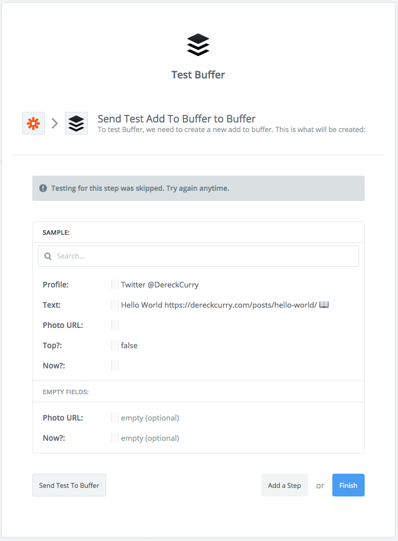 Zapier screenshot: Test Buffer with test skipped warning.