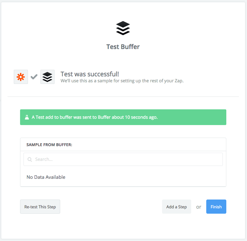 Zapier screenshot: Test Buffer with Successful test.