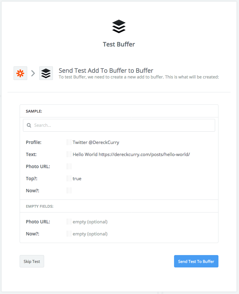 Zapier screenshot: Test Buffer.